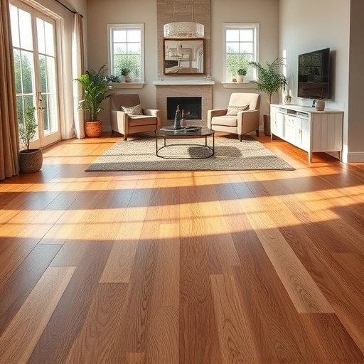 Spacious modern living room in Jones, OK featuring stunning hardwood floor installation with rich tones and elegant decor.