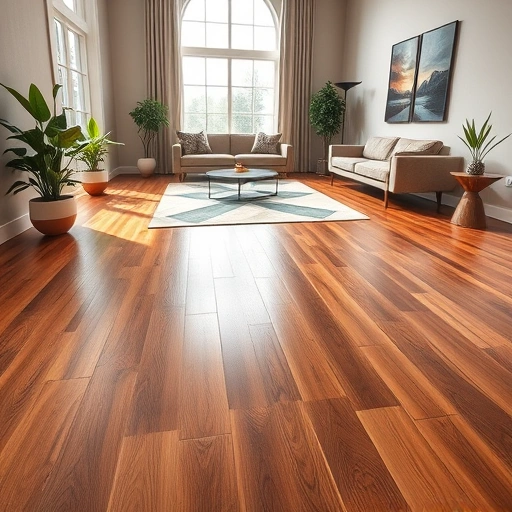 Polished hardwood flooring installation in Purcell, OK with natural light, minimalist decor, and potted plants.
