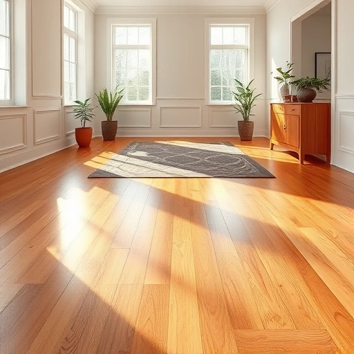 Beautiful hardwood flooring in Yukon OK shines in natural light, enhancing the elegant trim and cozy area rug.