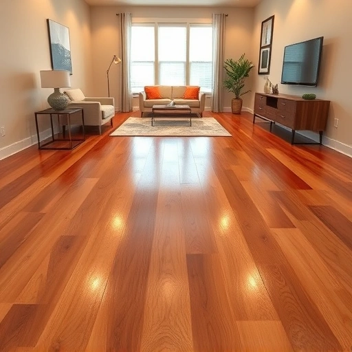 Moisture barrier installation under hardwood floors in a modern interior with warm tones and elegant decor.