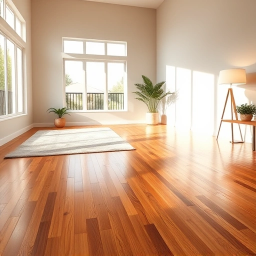 Hardwood floor refinishing in Oklahoma City with polished finish, natural light, and minimalist decor enhancing beauty.
