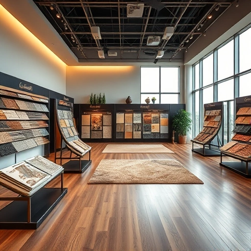 Showroom in Tuttle, OK with polished hardwood, luxurious carpets, and modern tiles in elegant display stands.
