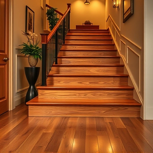 Hardwood stair nosing installation in Oklahoma City with polished finish and elegant decor in warm interior setting.