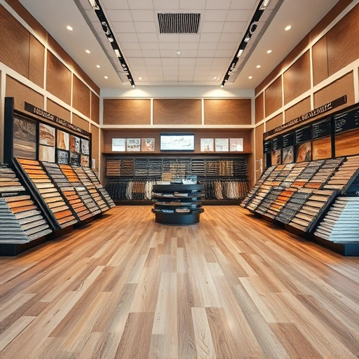 Flooring showroom in Del City, OK featuring diverse hardwood, laminate, tile, and carpet options in warm tones.
