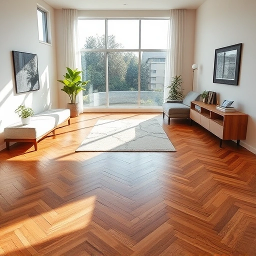 Engineered hardwood floor installation in a modern Oklahoma City living room with herringbone pattern and natural light.