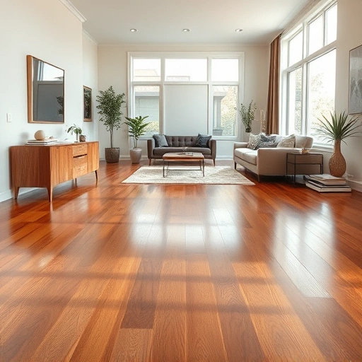 Spacious room with polished hardwood floors, warm tones, natural light, and neutral walls showcasing elegant design.