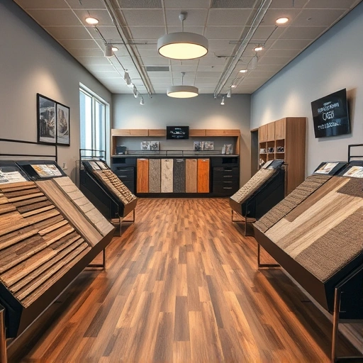 Spacious flooring showroom in Tuttle, OK showcasing hardwood, tile, and carpet with elegant displays and warm decor.
