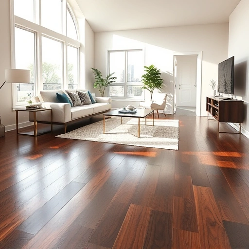 Modern living room in Norman OK featuring dark hardwood flooring, sleek furnishings, and soft natural light.