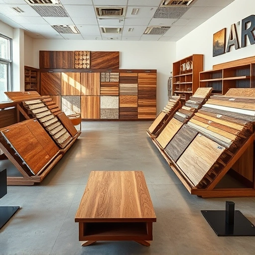 Flooring display showcasing hardwood, laminate, tile, and carpet samples in a modern showroom in Harrah, OK.