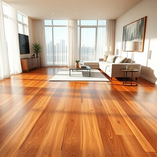Hardwood floor installation in a modern living room with warm wood tones, natural light, and elegant decor.