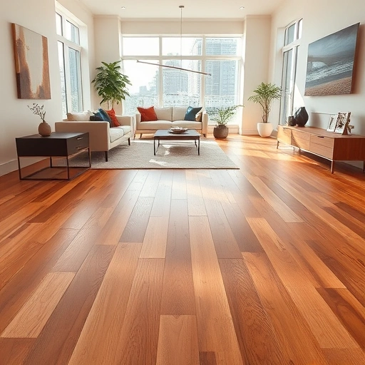 Wide plank hardwood floor installation in a modern Oklahoma City home with warm lighting and minimalist decor.