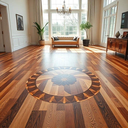Hardwood floor medallion inlay installation in a spacious, well-lit room showcasing intricate patterns and rich wood grains.