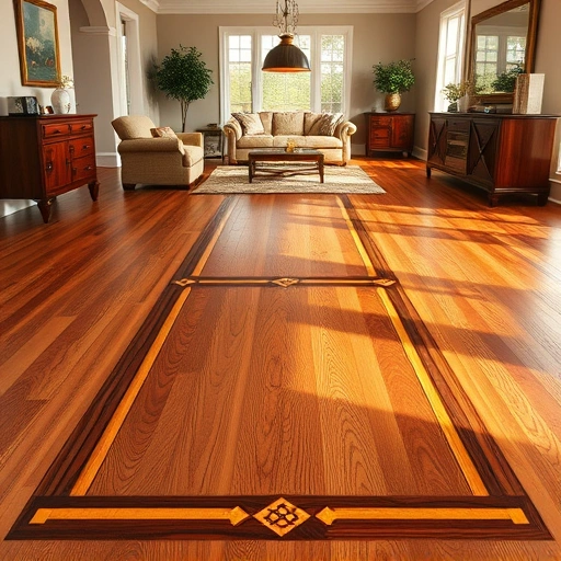 Hardwood floor border inlay installation showcasing wood grain details and craftsmanship in an elegant room setting.