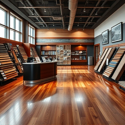 Flooring showroom in Oklahoma City showcasing hardwood, laminate, tile, and carpet with elegant decor and lighting.