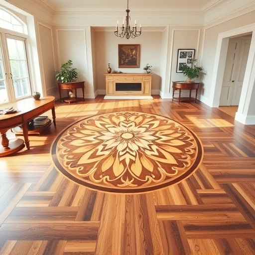 Hardwood floor medallion inlay installation in a spacious, sunlit room showcasing intricate wood craftsmanship.