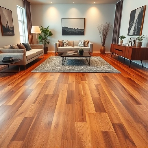 Hardwood floor replacement in Oklahoma City showcasing seamless integration with modern furnishings and warm tones.