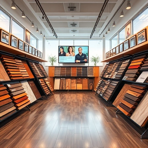 Showroom displaying diverse flooring options including hardwood, laminate, tile, and carpet in a sophisticated setting.