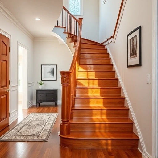 Hardwood staircase refinishing in Oklahoma City with elegant curves, polished wood, and sophisticated decor.