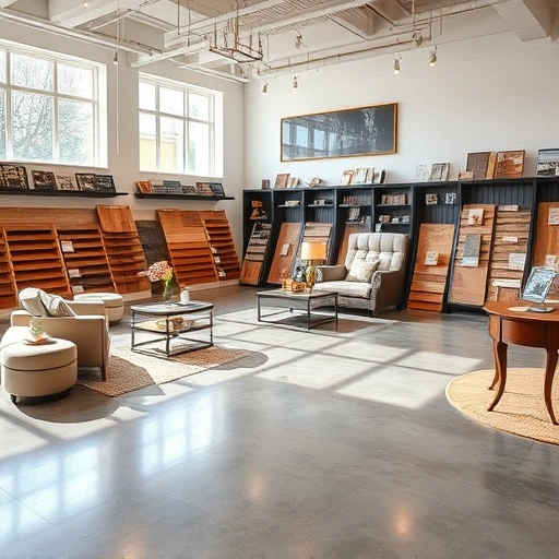 Showroom showcasing diverse flooring options including hardwood, laminate, tile, and carpet in a stylish setting.