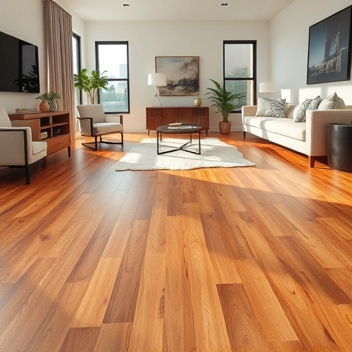 Hardwood floor repair in Oklahoma City showcasing seamless restoration, rich wood tones, and modern room decor.