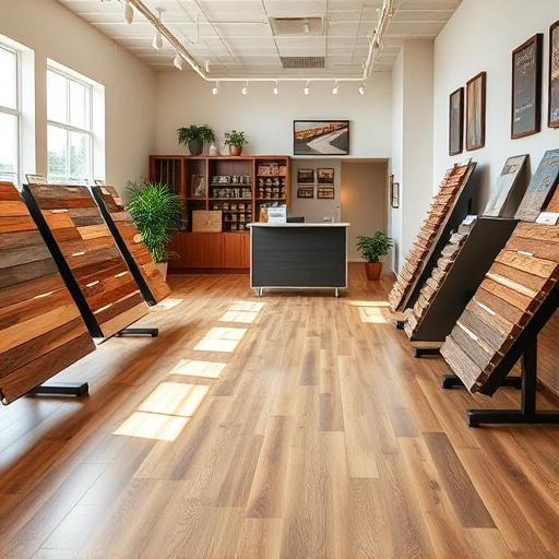 Flooring showroom featuring hardwood, laminate, tile, and carpet options in a bright, inviting space with elegant displays.