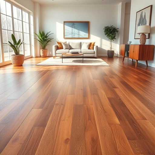 Polished hardwood floor installation in a modern living space with ambient lighting and elegant decor.