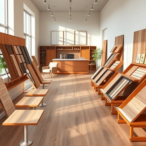 A stylish flooring showroom featuring hardwood, laminate, and tile samples in elegant displays with natural lighting.