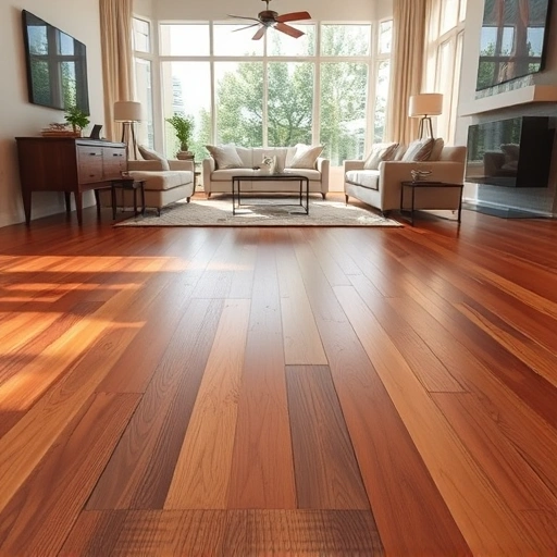 Hardwood floor joist repair in a modern living room, highlighting craftsmanship and rich wood tones in Oklahoma City.