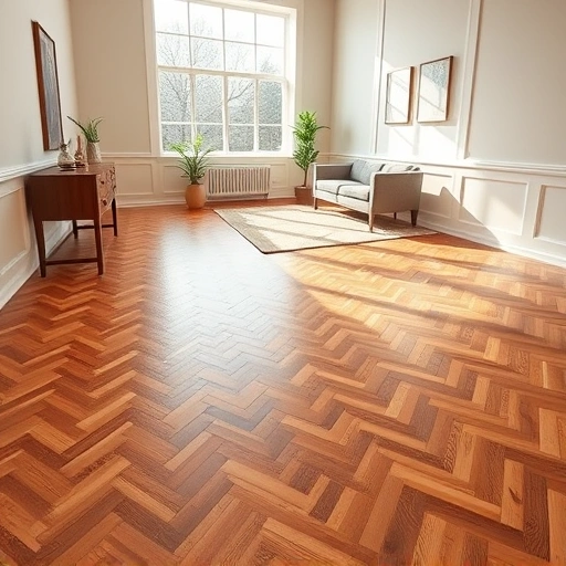 Beautiful hardwood flooring in herringbone pattern enhances a bright, spacious room in Moore, OK with elegant decor.