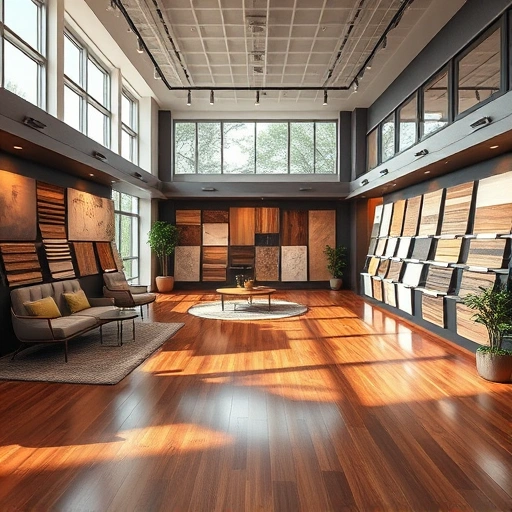 Showroom featuring polished hardwood floors, diverse flooring samples, and natural light in a modern design.