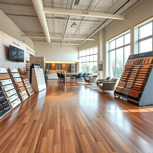 Flooring showroom showcasing hardwood, laminate, vinyl, and tile with elegant displays and natural lighting.