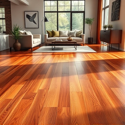 Stunning stained hardwood floor in a modern living room in Oklahoma City, showcasing rich wood tones and elegant decor.