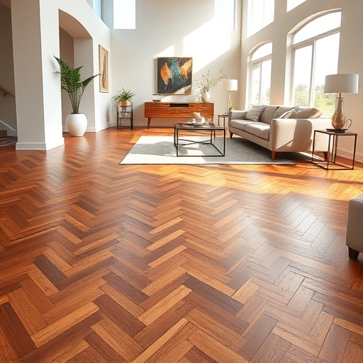 Completed hardwood flooring installation in Union City OK with elegant herringbone pattern in modern living space.