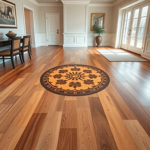 Hardwood floor medallion inlay installation showcasing intricate details and rich textures in an elegant room setting.
