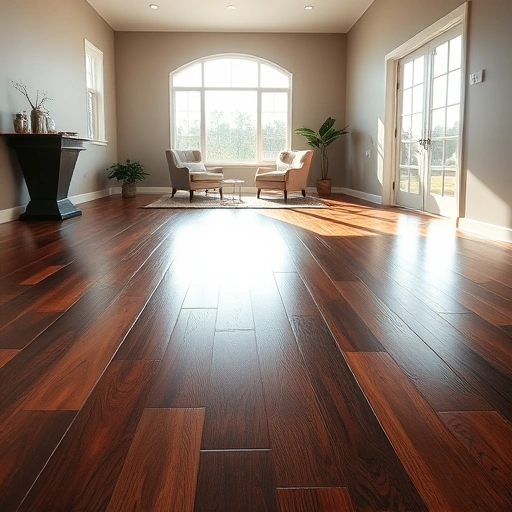Spacious room featuring rich dark hardwood flooring, natural light, minimalist decor, and a warm inviting atmosphere.