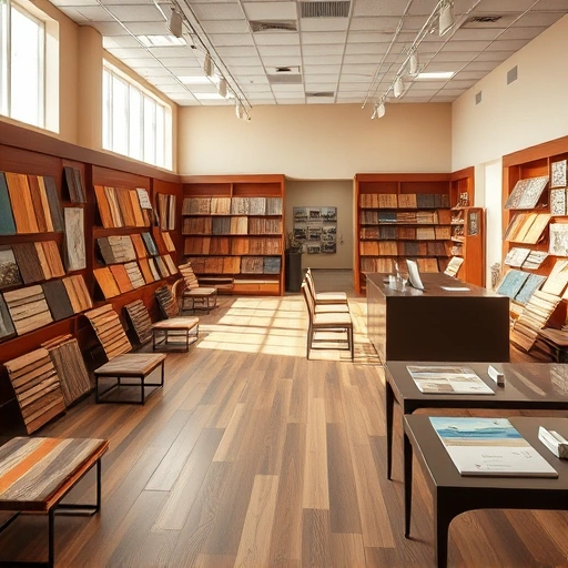 Flooring showroom featuring a variety of hardwood, laminate, tile, and carpet samples in a welcoming atmosphere.