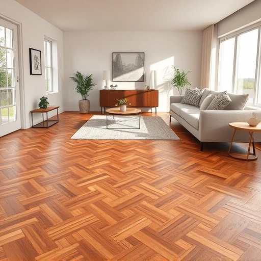 Beautiful hardwood flooring in herringbone pattern under soft lighting in a stylishly staged room in Moore OK.