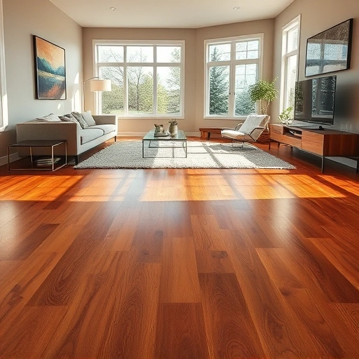 Polished hardwood flooring in a stylish room with modern decor, warm tones, and natural light creating elegance.