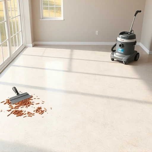 Hardwood floor removal and disposal in Oklahoma City showcasing a polished concrete subfloor and professional tools.