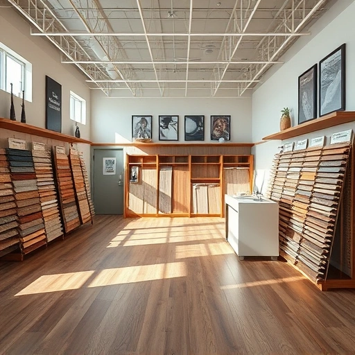 Spacious flooring showroom in Nicoma Park OK showcasing hardwood, laminate, tile, and carpet samples with modern decor.
