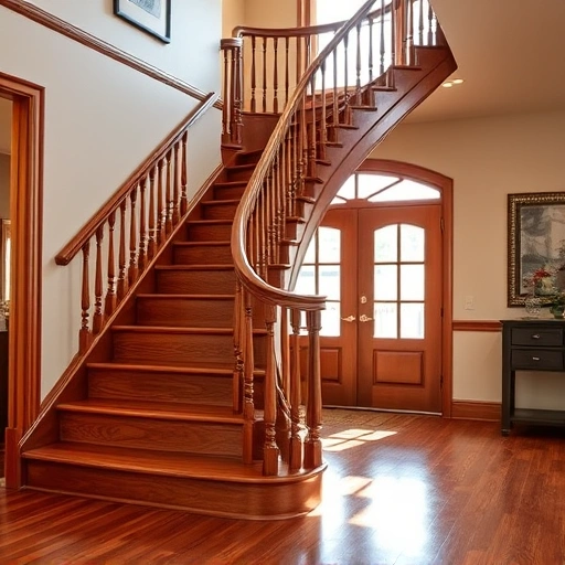 Hardwood staircase refinished in Oklahoma City, showcasing rich wood grains, elegant curves, and polished balusters.