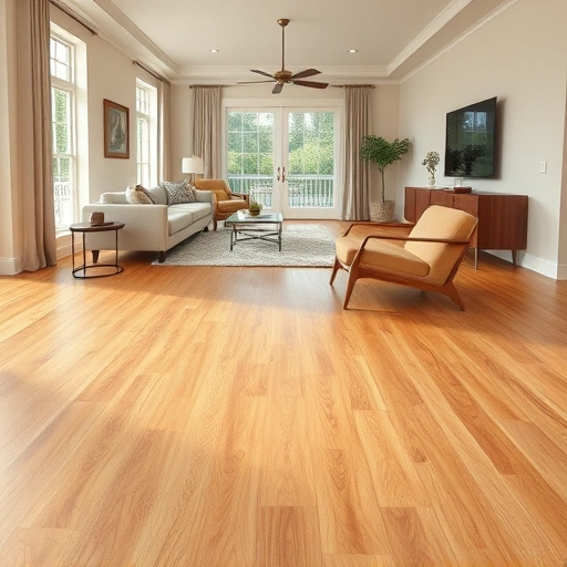 Completed hardwood flooring installation in a spacious living room with oak planks and soft lighting in Piedmont OK.