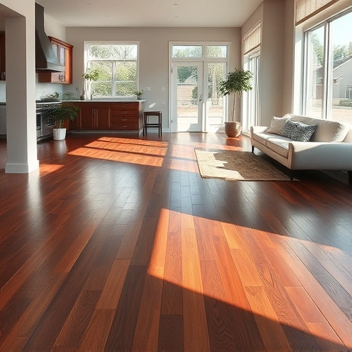 Spacious room in Oklahoma City with polished walnut flooring, natural light, modern decor, and decorative plants.