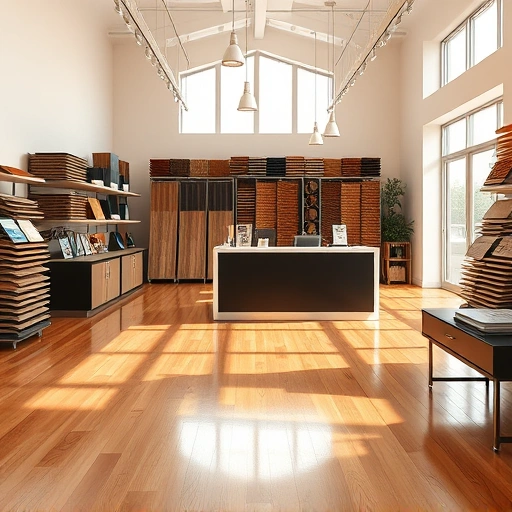 Elegant flooring showroom showcasing hardwood, laminate, tile, and carpet with modern decor and inviting ambiance.