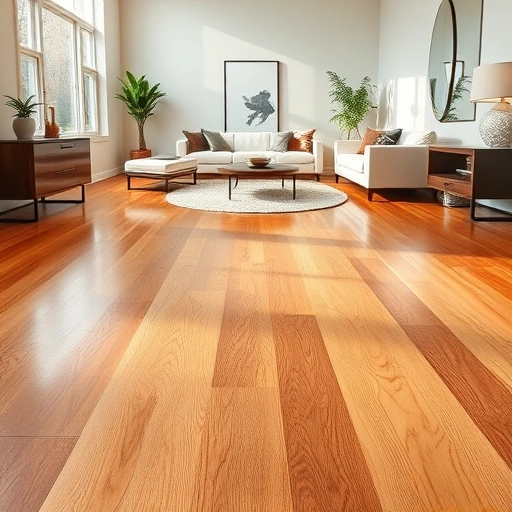 Gleaming oak hardwood floor in modern room with natural light showcasing craftsmanship and polished grain patterns.