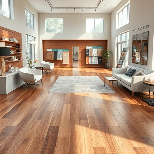 Completed flooring installation displays hardwood, laminate, and tile in a professional showroom with natural lighting.