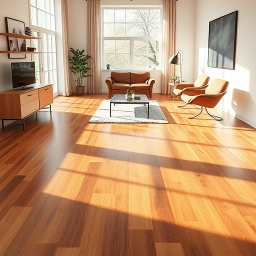Beautiful polished hardwood floor in Newcastle OK with warm tones and modern minimalist furniture in a bright room.