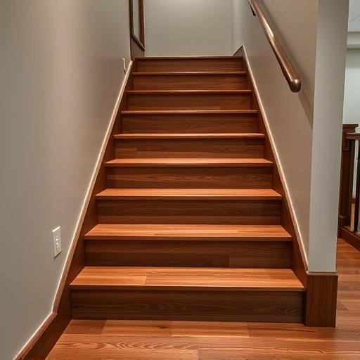 Polished hardwood stair tread installation in a modern Oklahoma City home with elegant design and ambient lighting.