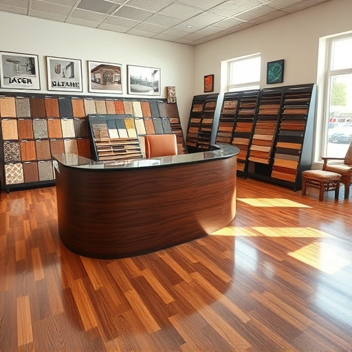 Showroom in Midwest City, OK featuring polished hardwood floors, elegant displays of flooring options, and contemporary decor.