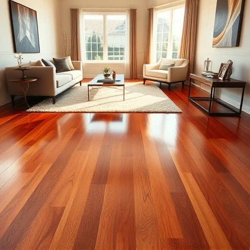 Solid hardwood floor installation in Oklahoma City with polished wood grain, elegant furniture, and warm natural light.